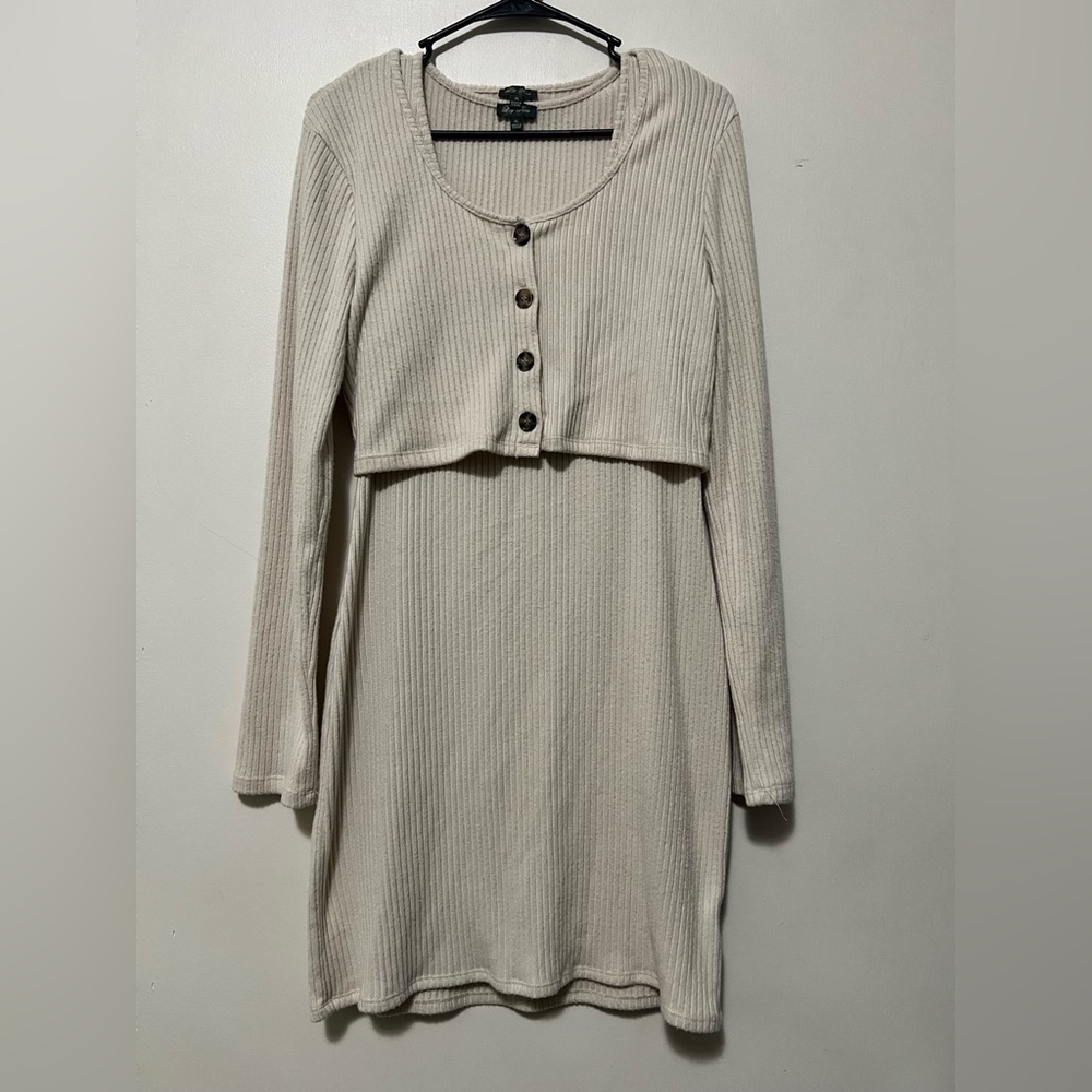 Lily Rose Ribbed Dress with Button Cardigan women's size XL Cream white 2 pc set